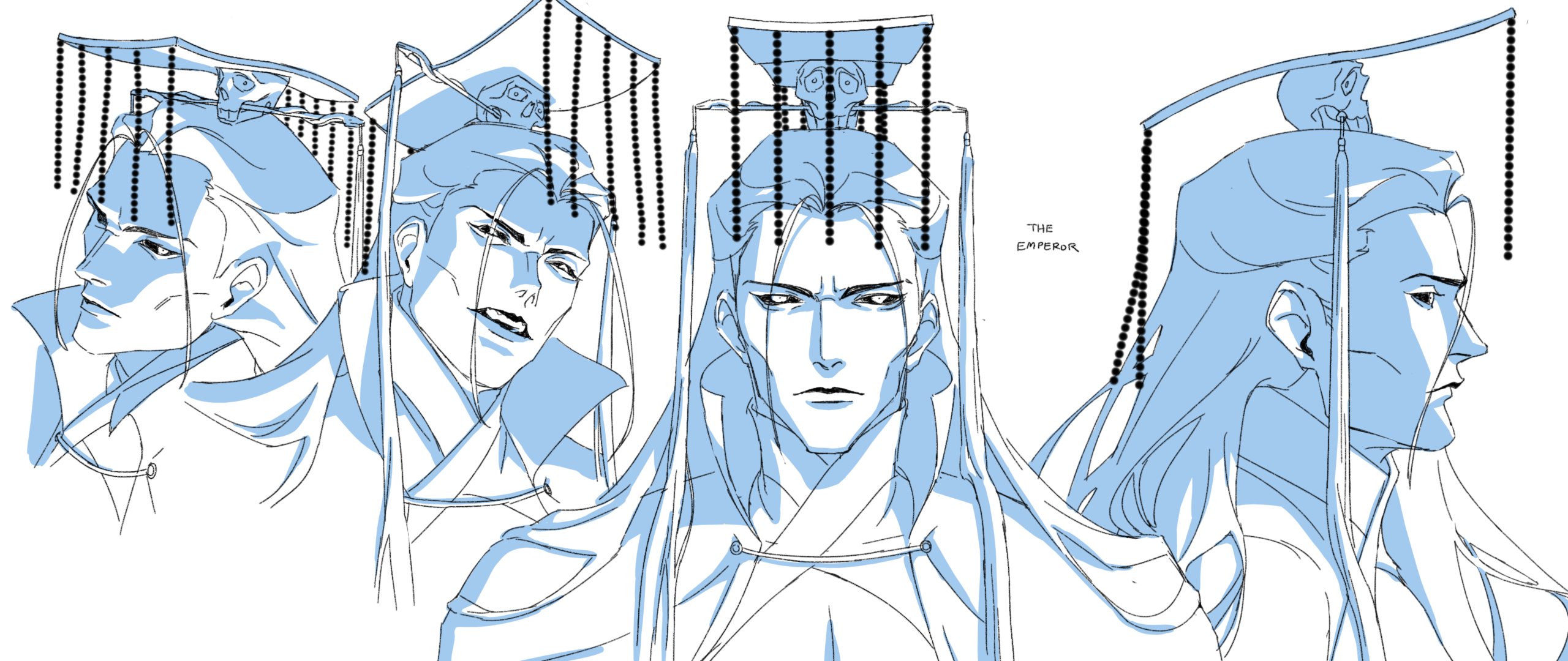 this is a drawing of a character from an anime or manga. the character is an emperor. he has long, black hair and is wearing a crown. he is looking directly at the viewer. his shoulders, neck, and head are drawn. he has on a robe and a crown. the character is drawn in a simple, lineart style. his face is outlined in black. his hair, body, and clothing have light blue shading to them. he is positioned to the left of the page and fills about half the page. there is text in the bottom lefthand corner that states "the emperor."