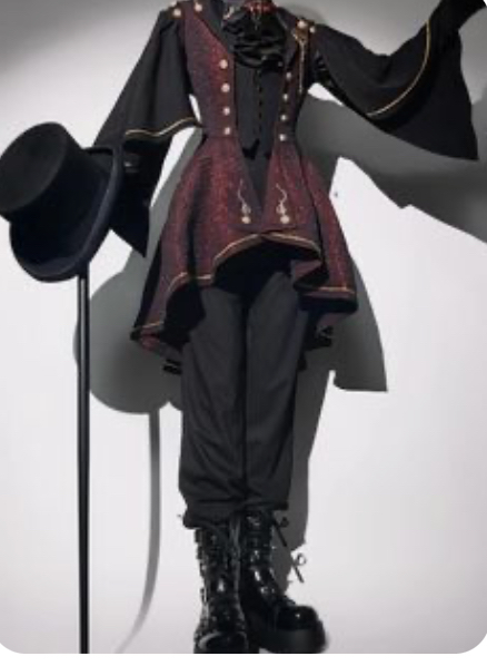a person wearing a black and red steampunk outfit. the outfit includes a black jacket with red trim, black pants, black boots, and a black top hat. the outfit is very dramatic and elegant.