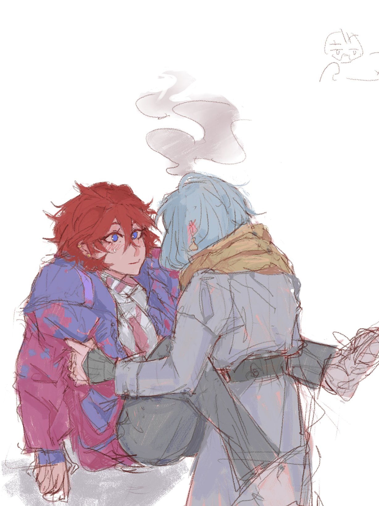 the image is a digital drawing or painting in a soft, pastel style.  it depicts two animestyle boys in a close, intimate embrace. one boy has bright red hair and is wearing a purplishred jacket. the other has light blue hair and a gray coat. the redhaired boy appears to be being carried or supported by the bluehaired boy.  the overall mood is tender and romantic. there's a suggestion of smoke or steam in the background, perhaps indicating a cold or wintry setting. the art style is loose and expressive, with visible brushstrokes and a slightly unfinished look.