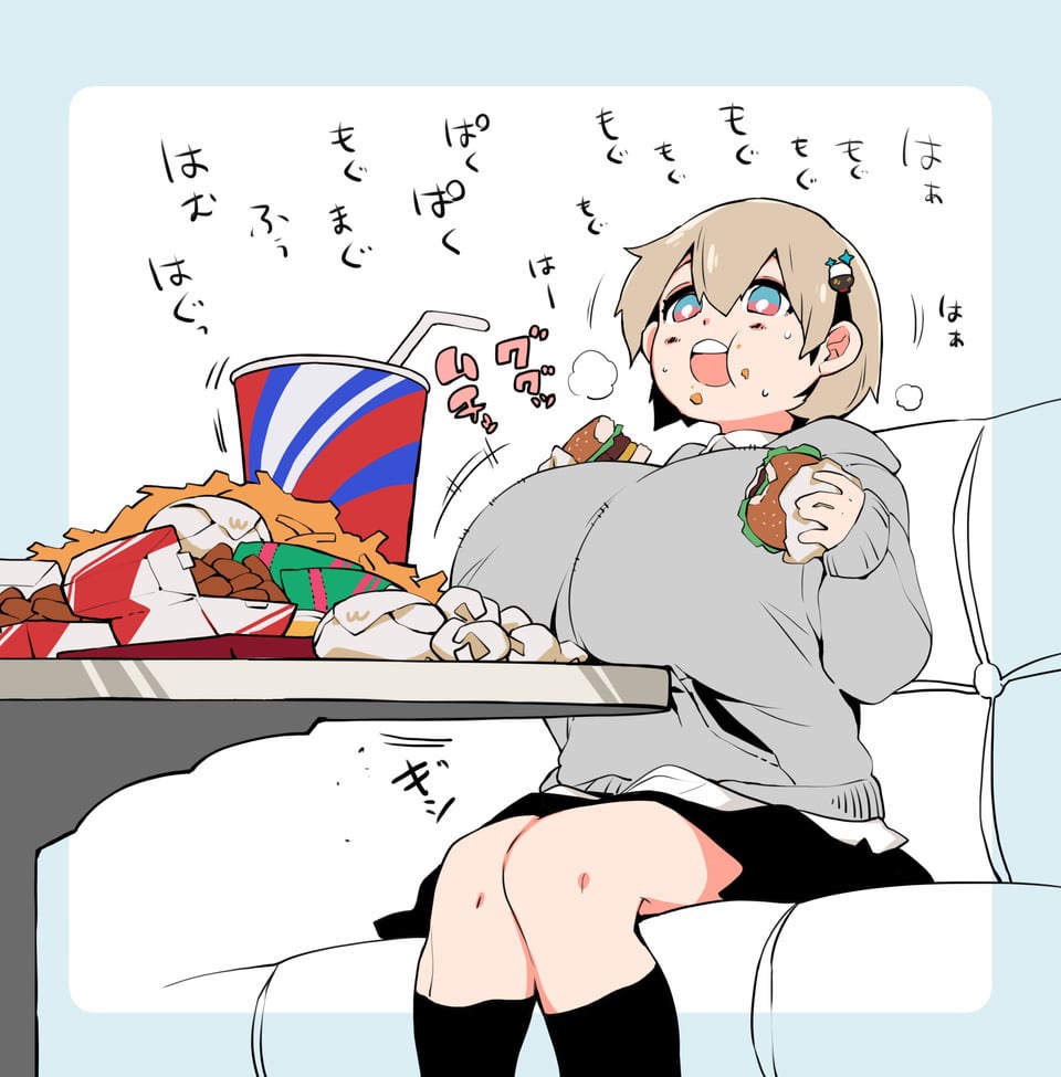 an anime girl, with short, blonde hair, is sitting on a white couch eating a hamburger and a french fry. there is a red cup of soda beside her and a plate of fries in front of her. she has a large, happy smile on her face. she is wearing a gray sweater and black skirt. she is surrounded by speech bubbles with japanese text written on them. the image is drawn in a cartoon style.