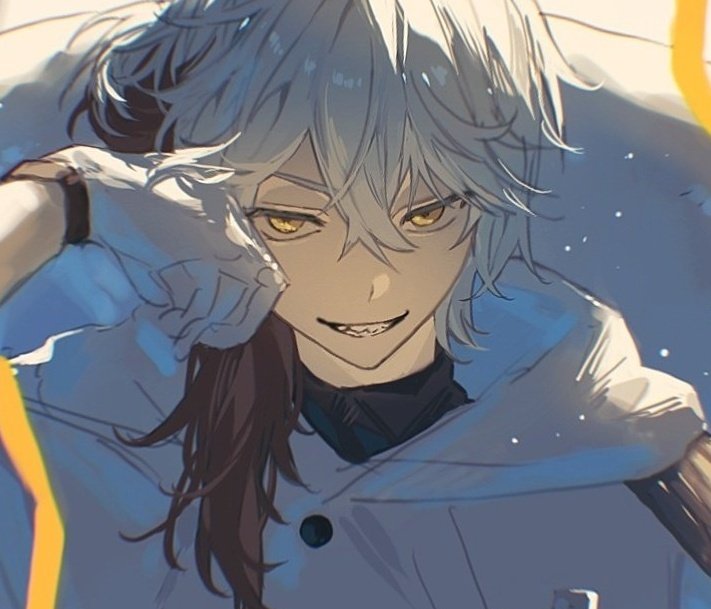 a digital illustration of an anime boy with spiky white hair and a brown streak. the boy is grinning at the viewer and has sharp teeth. he's wearing a white hooded jacket and the lighting suggests it's a bright sunny day.