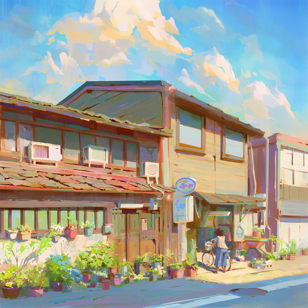 the image is an illustration of a japanese street scene. it features a twostory building with shops on the ground floor.  there are plants and flowers in pots along the building. a person is riding a bike away from the viewer.  the sky is blue with fluffy white clouds. the art style is reminiscent of anime.