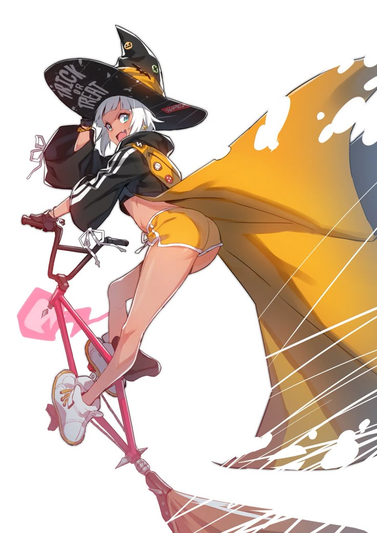 an animestyle illustration depicts a blondehaired girl wearing a witch's hat that says "trick or treat" and a black jacket over yellow shorts, riding a pink bicycle with a broomstick for its front wheel. a large yellow cape flows behind her as she smiles and gestures. the image is in a cartoon style, full body, and evokes a halloween theme.