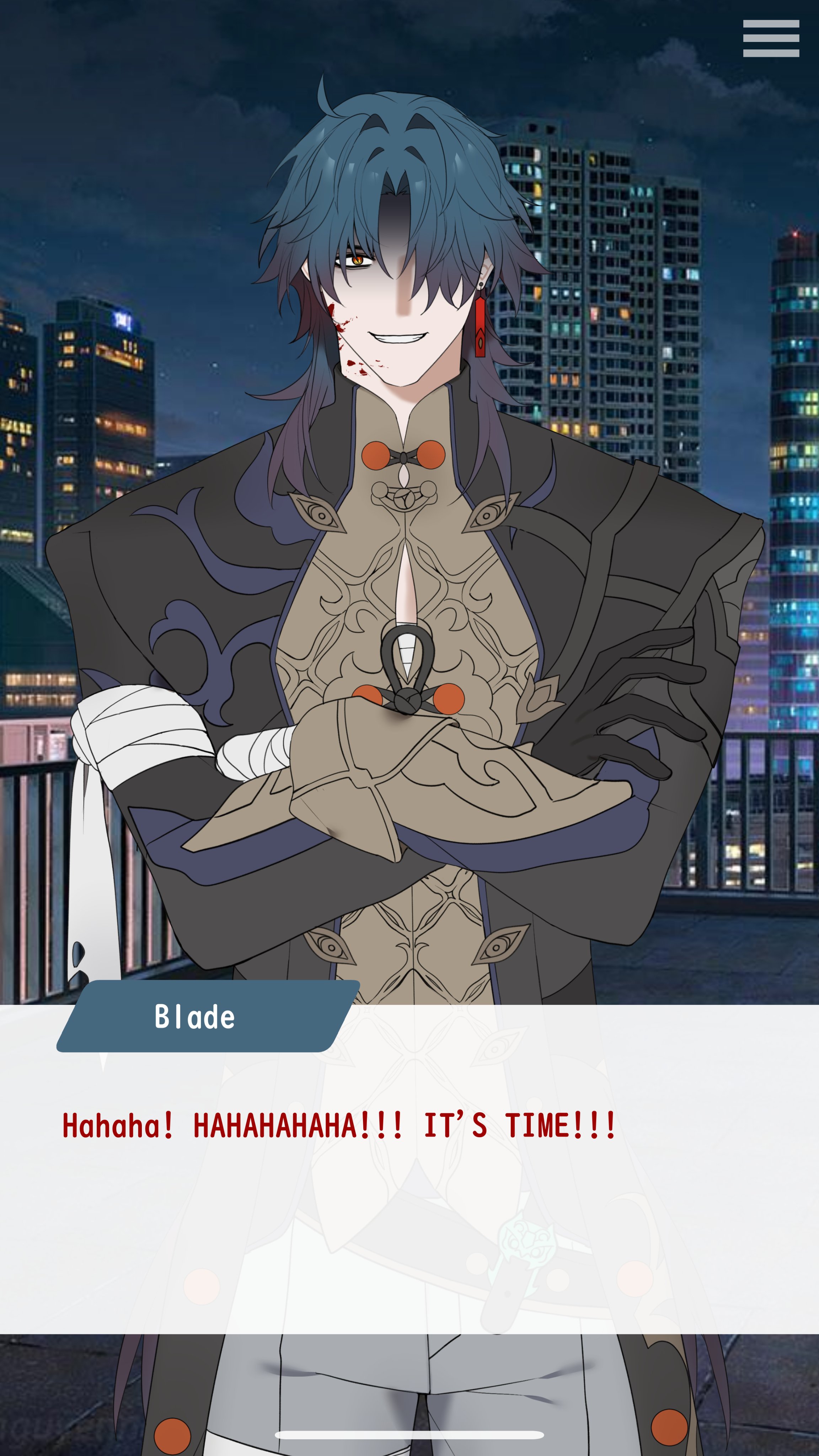 the image is of a male anime character with blue hair and red eyes. he's wearing a black coat and white shirt, he is holding a knife,  looking like a villain. the character is standing in front of a city at night.