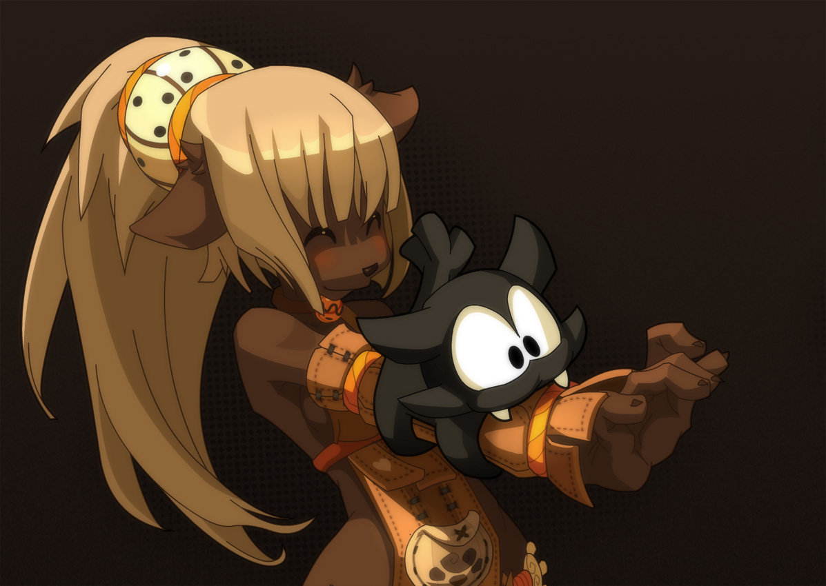 a female anime character with long brown hair and a black and white weapon in her hand is smiling. she is wearing brown leather armor with gold trim. the character is standing against a brown background.
