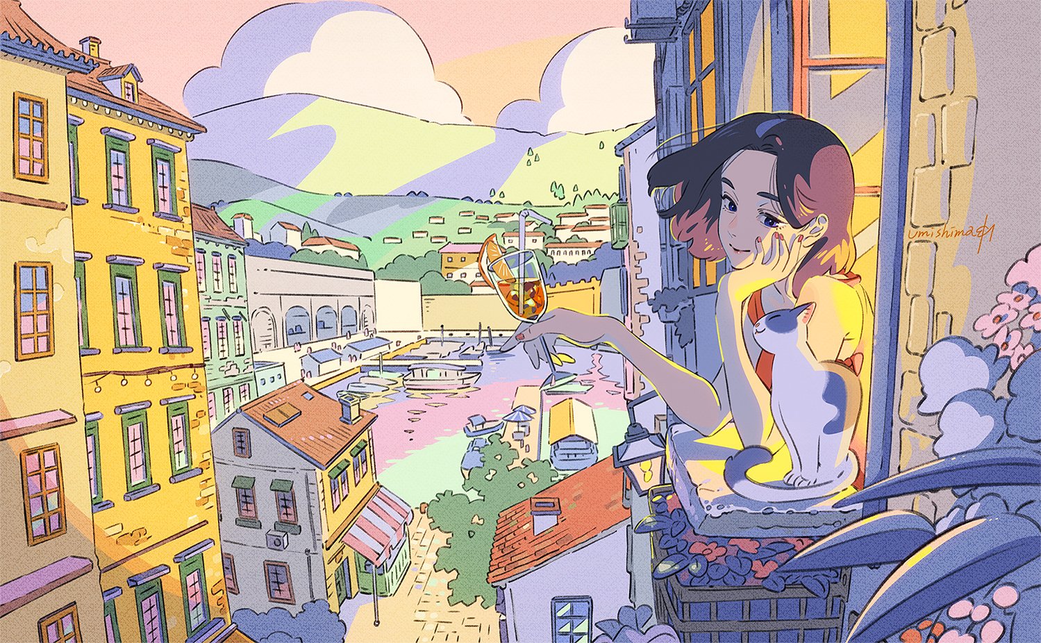 the image is a vibrant digital illustration in an anime style.  a young woman with dark hair, wearing a reddishorange top, sits on a balcony overlooking a charming, colorful harbor town.  she holds a glass of wine, appearing relaxed and content. a blue and white cat sits beside her. the cityscape is rich with detail, featuring pasteltoned buildings with arched windows and redtiled roofs.  the harbor below has many boats and a soft sunset glow. flowers and plants adorn the balcony, adding to the peaceful and whimsical atmosphere. the artist's signature, "umishima," is subtly included in the artwork. the overall style is soft, dreamlike, and evokes a feeling of summer vacation in a mediterranean or european setting.