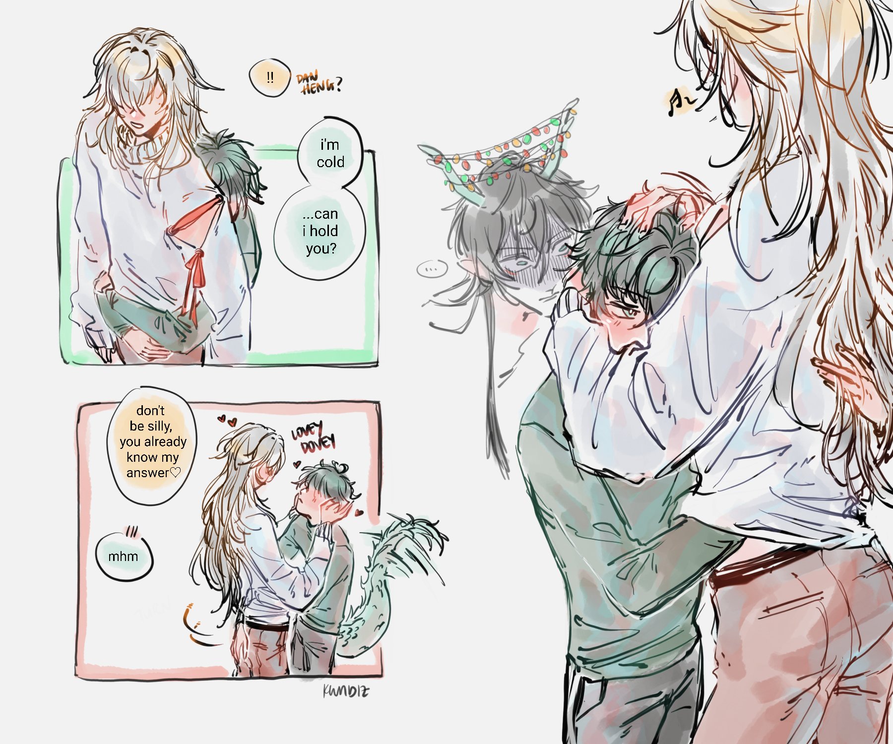 the image is a comic strip with four panels. in the first panel, a blonde girl is hugging a greenhaired boy. the girl is wearing a white shirt and the boy is wearing a green sweater. the girl is saying, "i'm cold...can i hold you?" in a thought bubble. in the second panel, a blonde girl is holding a greenhaired boy in her arms. the girl is wearing a white shirt and the boy is wearing a green sweater. the girl is looking at the boy with a smile. in the third panel, a blonde girl is hugging a greenhaired boy. the girl is wearing a white shirt and the boy is wearing a green sweater. the girl is saying, "don't be silly, you already know my answer," in a thought bubble. in the fourth panel, a blonde girl is hugging a greenhaired boy. the girl is wearing a white shirt and the boy is wearing a green sweater. the girl is looking at the boy with a smile. the boy is holding a green gift box with a red ribbon.  the boy is looking at the gift with a smile.  the image is drawn in a cartoon style and is full of cute details. the comic is about two people who are in love with each other and they are trying to spend time together. the comic is a heartwarming and romantic story about love and happiness.
