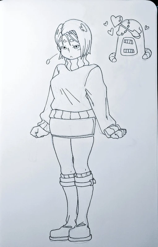 a black and white drawing of a cute anime girl with short skirt and long boots. she is looking to the side, her eyes are shaped like hearts, and she has a love heart above her head. in the background, there is a sketch of a cartoon creature.