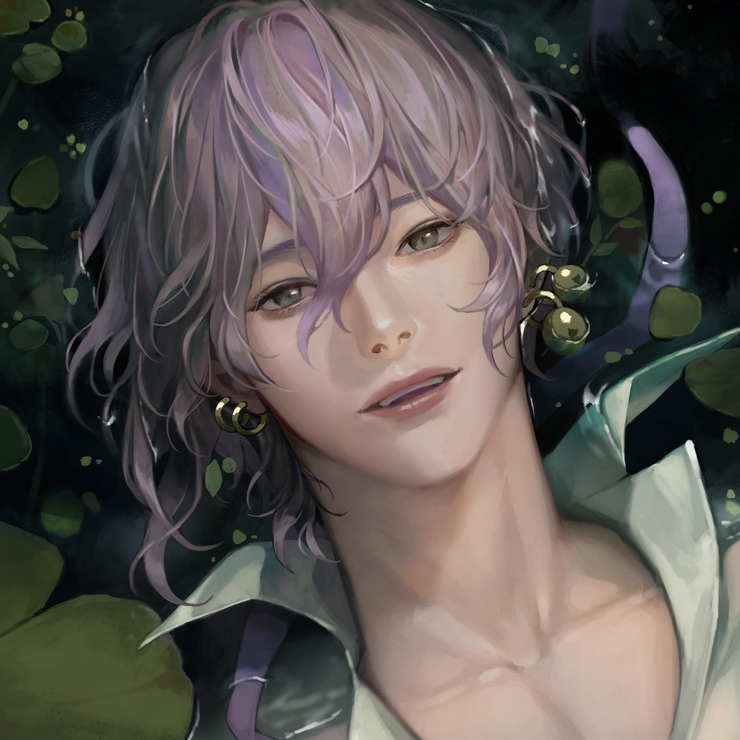 the image is a digital painting or illustration in an anime/manga style. it depicts a young, handsome man with long, wavy lavender or light purple hair. he has a calm, almost serene expression. he is wearing simple, lightcolored clothing, possibly a shirt or robe, and has golden earrings.  the background is dark and features suggestive foliage, possibly water lilies or other aquatic plants, giving a mysterious and tranquil atmosphere. the overall style leans towards realistic rendering within the anime aesthetic. the closeup framing emphasizes the character's features and emotional state.