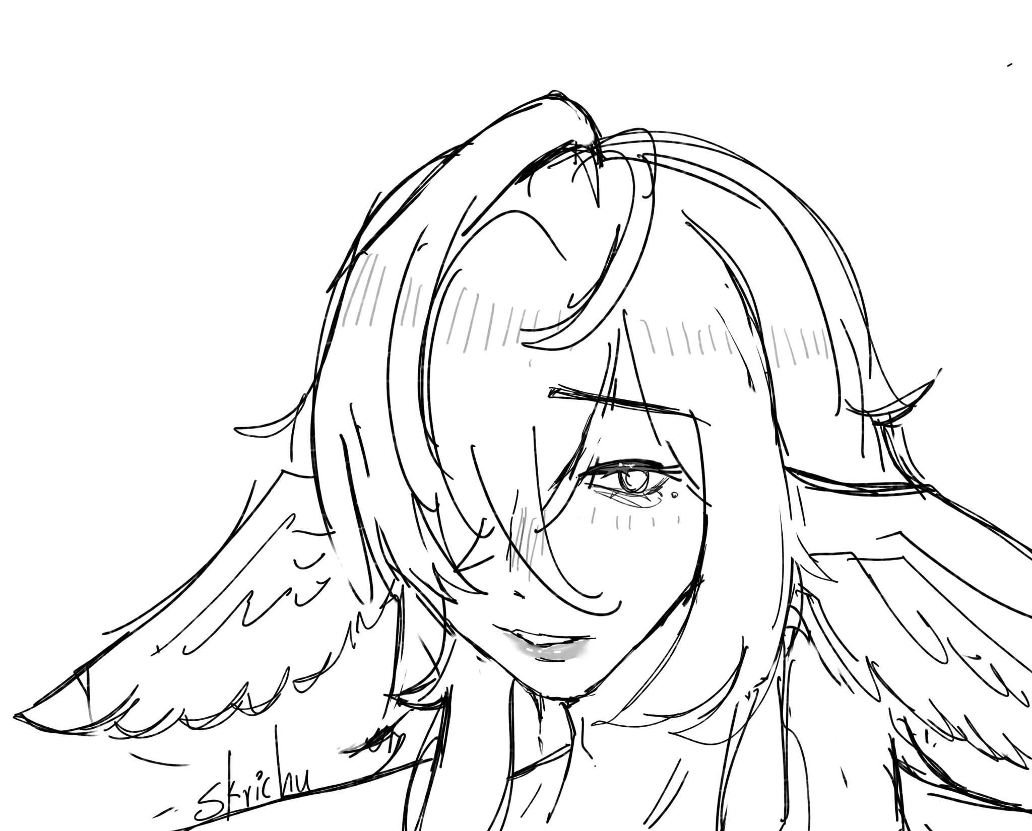 a black and white line art drawing of an anime girl with wings. she is smiling cheerfully with her eyes closed. her hair is long and flowing. the background is white.