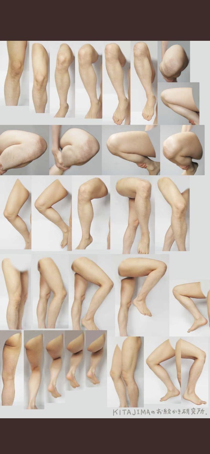 a collage of multiple images of different poses of human legs and calves for art reference.