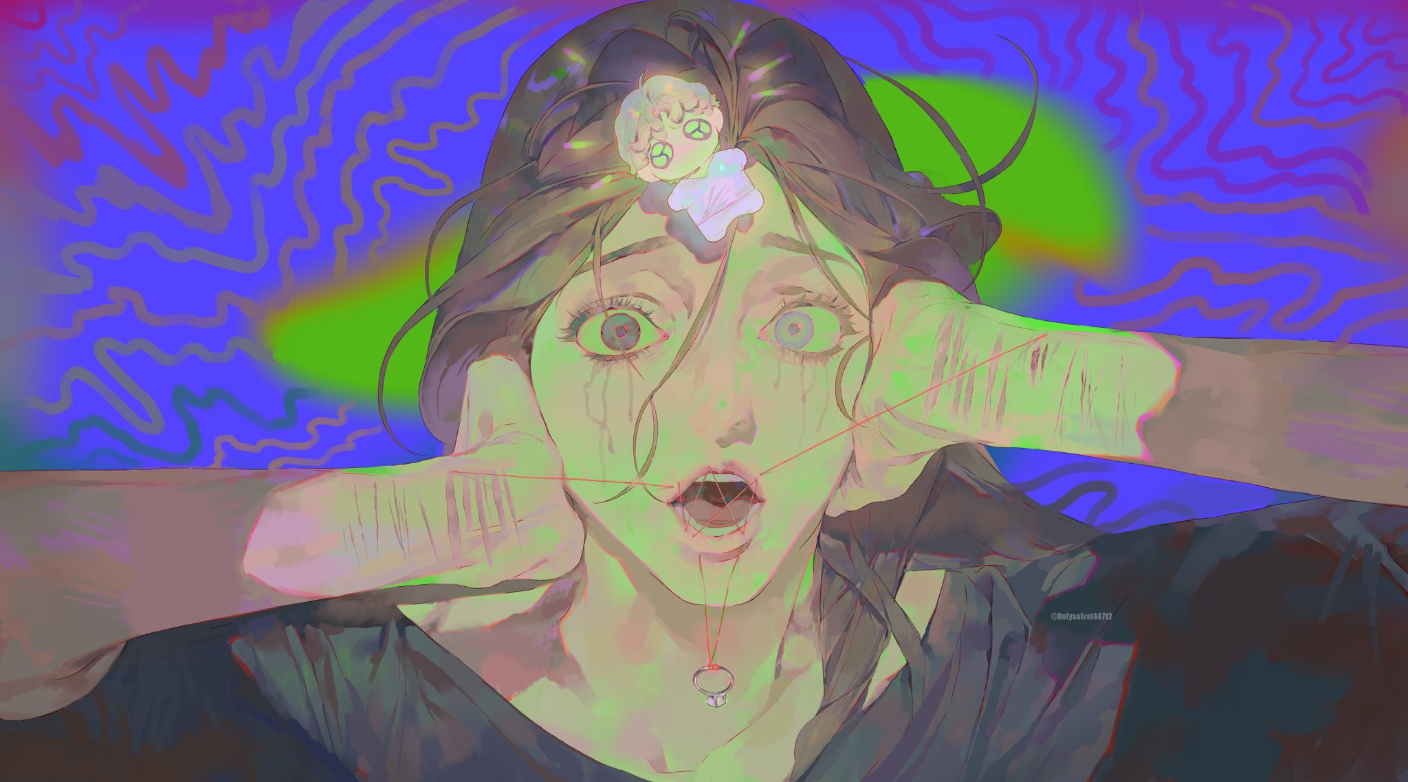 a surreal and emotionally intense digital artwork depicting a woman in distress. she appears to be crying with a look of horror and despair. the artwork utilizes psychedelic colors and abstract background elements to enhance the feeling of anxiety and trauma. a red string is woven through her mouth, connected to a ring hanging down, adding to the surreal and disturbing atmosphere.