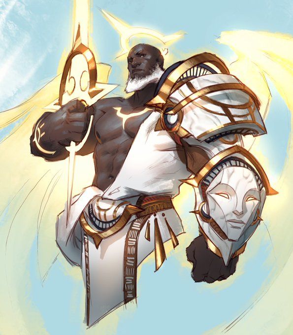 a powerful, muscular angel with black skin, wearing a golden halo, armor, and wings. he holds a golden spear, and his face is stern. this is a fantasy concept, depicting a mythical being.