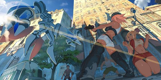 the image depicts a dynamic action scene set against a backdrop of towering europeanstyle buildings. two female characters, one in a black and pink outfit and the other in red and yellow, are engaged in a fight with a large, intricately designed blue and white mecha. the mecha dominates the left side of the image, while the women stand defiantly in the foreground. a man in a white tank top and black pants appears to be filming the fight, while another man in the background observes the scene. the image is brightly lit, with strong sunlight casting long shadows and highlighting the details of the characters and the architecture.