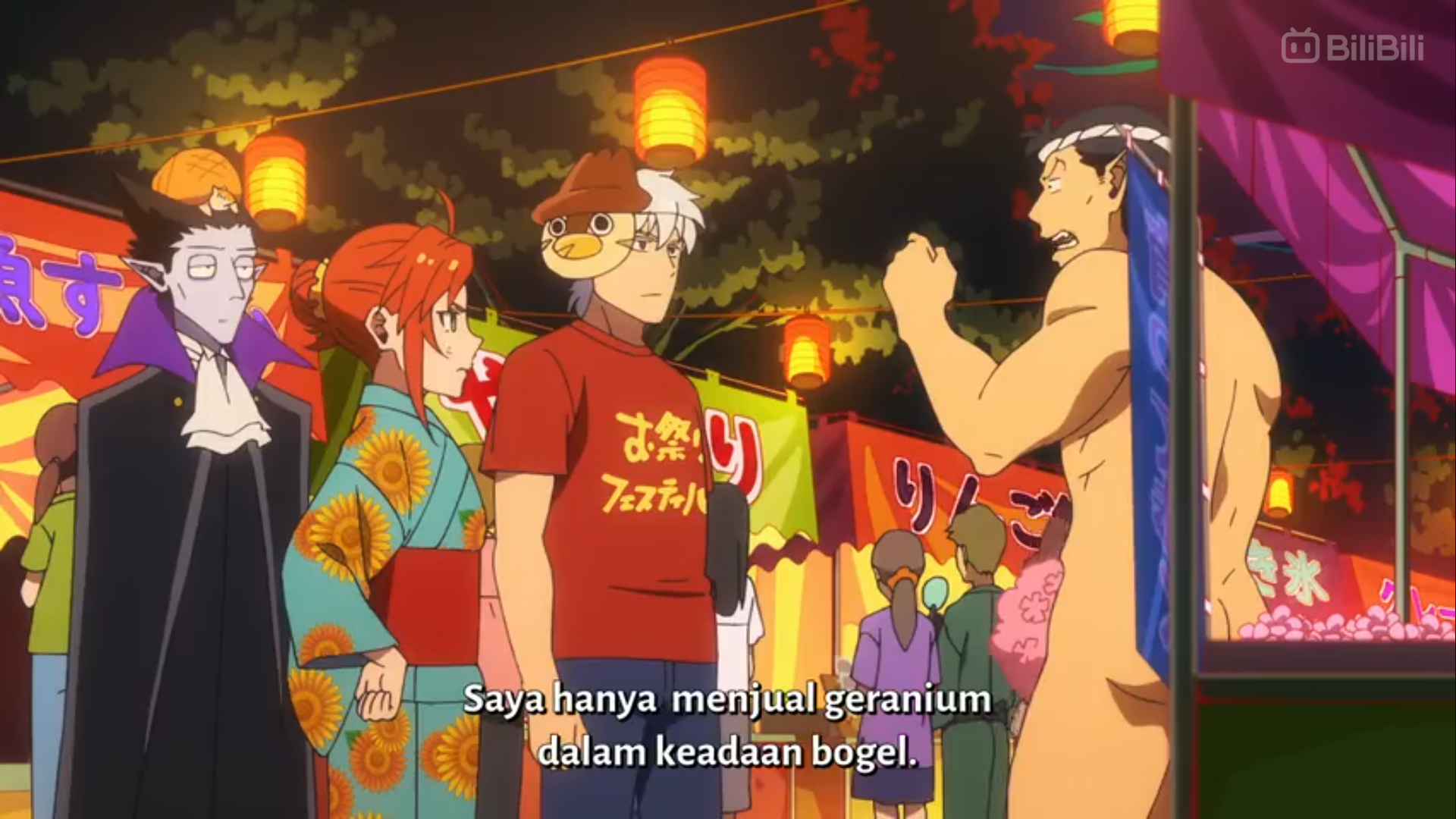the image shows a scene from an anime, likely taking place at a nighttime summer festival. the perspective is at eye level with a group of four distinct characters, one of whom is dressed in a traditional yukata. the background features food stalls, lanterns casting a warm glow, and a crowd suggesting a lively atmosphere. the most prominent