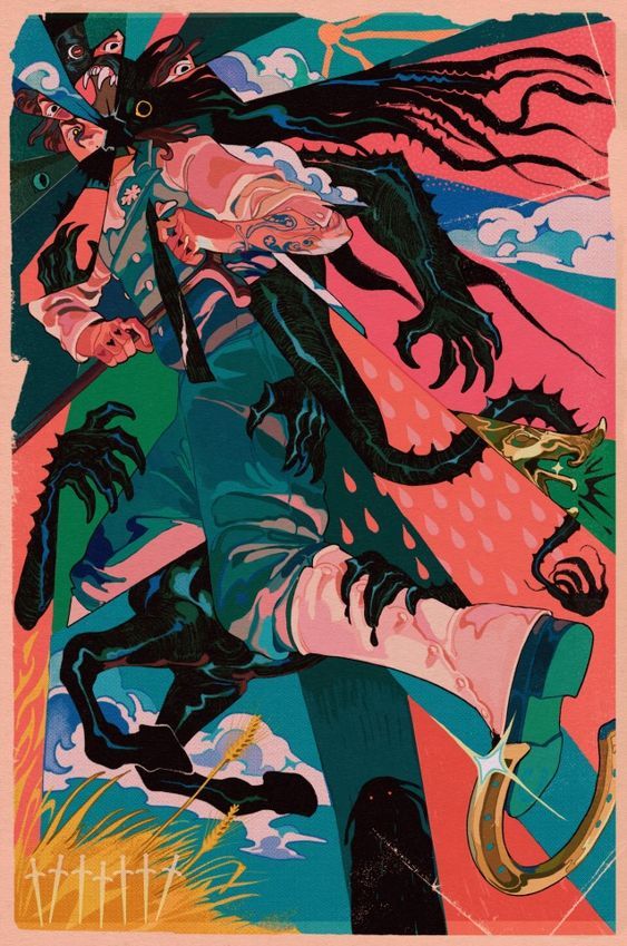 the image is a vibrant and surreal artwork depicting a dynamic struggle. a central human figure, dressed in what seems to be 18th or 19thcentury attire, is violently entangled with a dark, multilimbed, monstrous creature.  the monster appears to be a combination of shadow, claws, and multiple faces, suggesting a nightmarish or demonic entity. the human figure appears to be fighting back, wielding a weapon. the background is equally surreal, with a clash of colors and shapes—a field of wheat, a horseshoe, and a sun, contrasted against the dark tones of the monster and the figures' struggle.  the style is expressive and stylized, blending elements of fantasy, horror, and possibly art nouveau or art deco influences. the overall mood is one of intense conflict and symbolic representation of a struggle against an overwhelming force. the color palette is bold, featuring bright pinks, teals, and greens against the dark black of the creature.