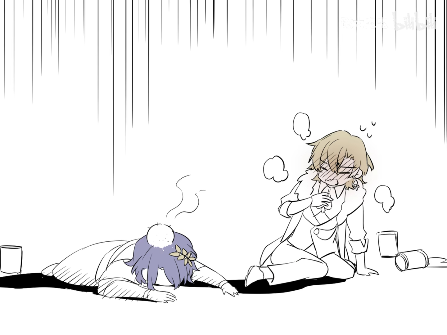 he image is a comical illustration or sketch of two animestyle characters. one character with purple hair is lying on the floor, seemingly passed out or very drunk, with steam emanating from their head, suggesting they are very hot or suffering from a hangover.  the other character, with blond hair, sits nearby, looking concerned or embarrassed, with speech bubbles suggesting inner thoughts or discomfort. empty drink cans are scattered on the floor around them, further emphasizing the implication of alcohol consumption. the style is light, sketchy, and chibilike, focusing on exaggerated expressions and proportions for comedic effect. the overall tone is lighthearted and suggests a humorous situation of friendship or companionship.