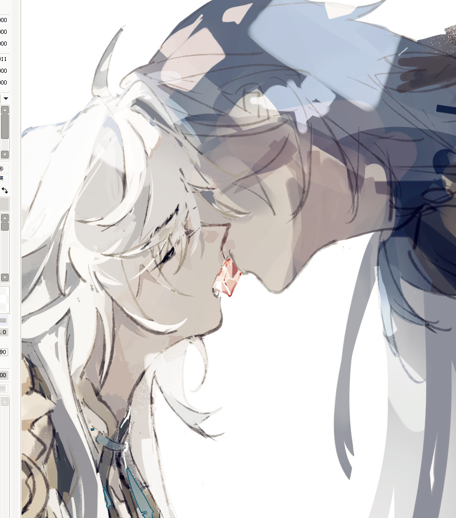 a digital art piece featuring two anime characters, one with white hair and one with blue hair.