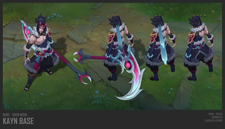 this image showcases concept art for the "snow moon kayn" skin in league of legends. it presents multiple views of the character model – front, back, and side perspectives –  highlighting the design details and the unique scythe weapon. the art is highly detailed, featuring intricate clothing designs and a visually striking color scheme. the bottom of the image includes credits and specifies this is the base model for the snow moon skin.