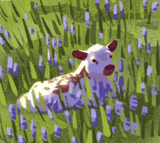 a painting of a white and brown calf laying down in a field of tall green grass and purple flowers. the calf is facing to the right and looking slightly towards the viewer. the scene is brightly lit, suggesting a sunny day.
