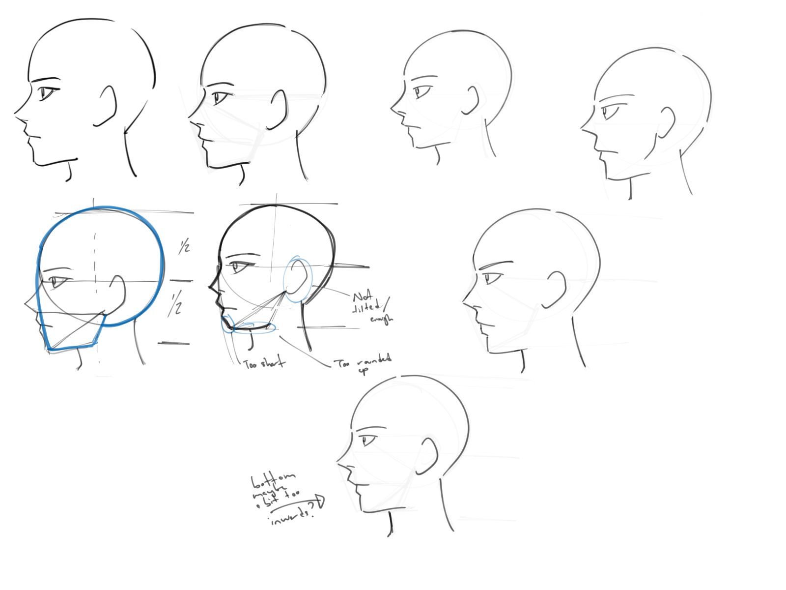 the image shows a collection of sketches of a head in side profile, likely in an anime or manga art style. the sketches demonstrate different variations and adjustments to the head's proportions and features. one sketch has guidelines and annotations to aid in head construction, pointing out potential errors or areas for improvement. the image appears to be a tutorial or guide for drawing heads in this particular style.