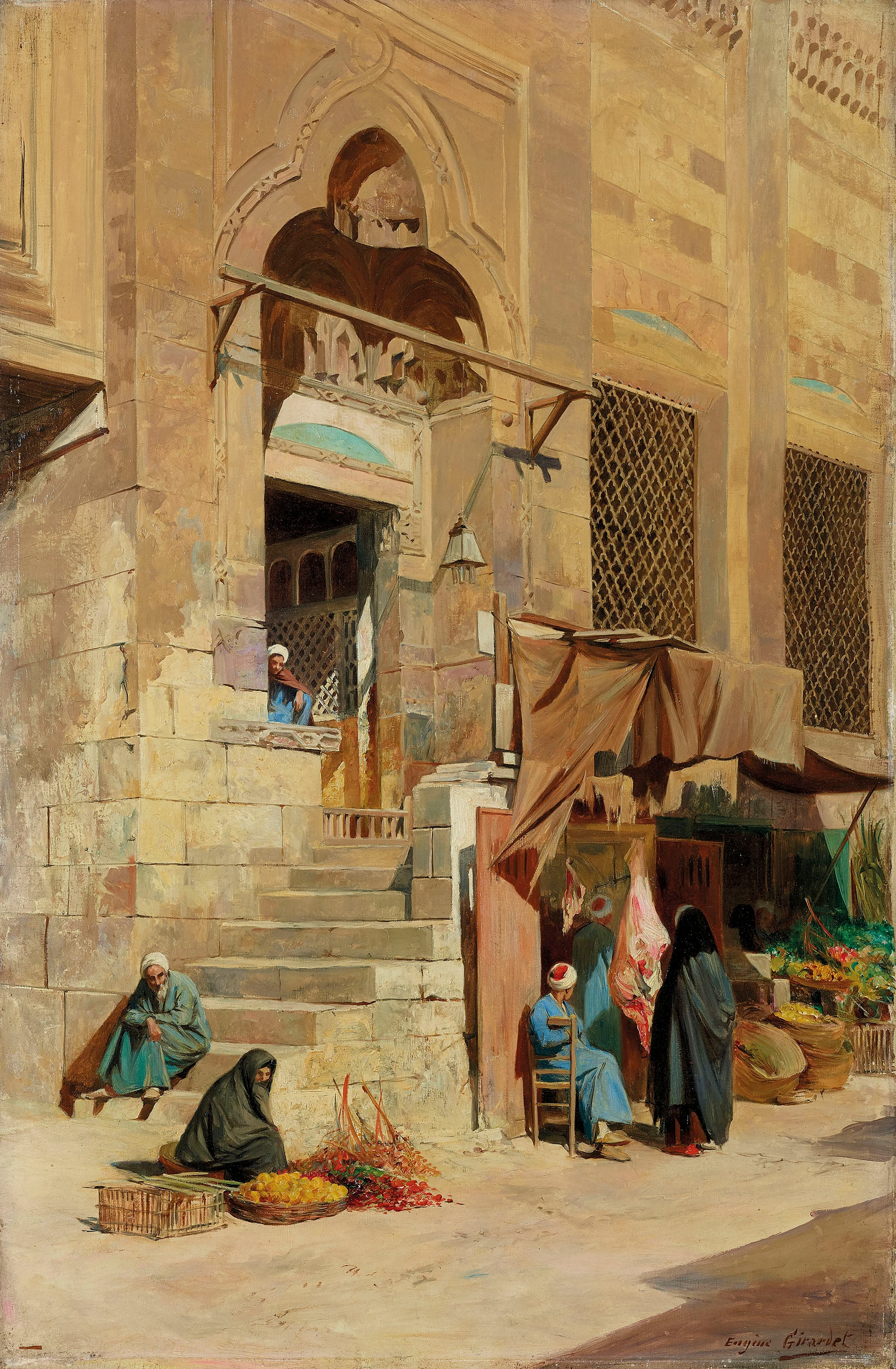 the painting depicts a bustling street scene in a middle eastern or north african city. the architecture features ornate arches, steps leading to a building entrance, and a latticework window. several figures are present, including vendors or merchants selling goods, likely fruits, from baskets. one figure sits on the steps, while others are engaged in conversation near a shop or stall with an awning. the artwork exhibits a strong sense of light and shadow, typical of 19thcentury orientalist paintings.