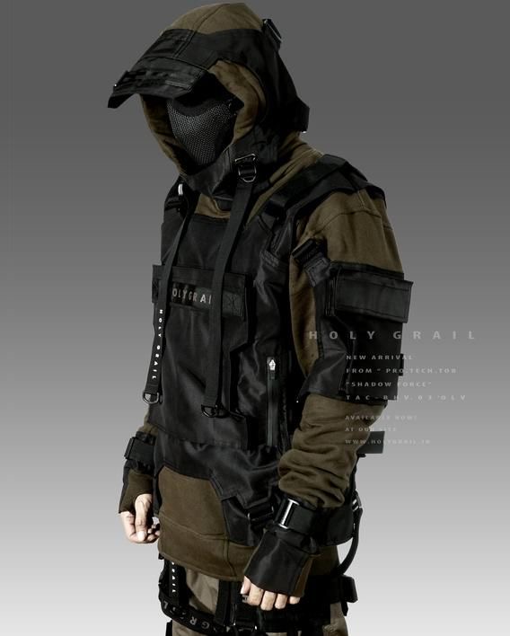 a person is posing in a dark, urbaninspired outfit. they're wearing a hooded jacket with a tactical vest over it, as well as a dark mask and gloves. the background is a plain grey.  the clothing style is reminiscent of a cyberpunk or futuristic aesthetic.