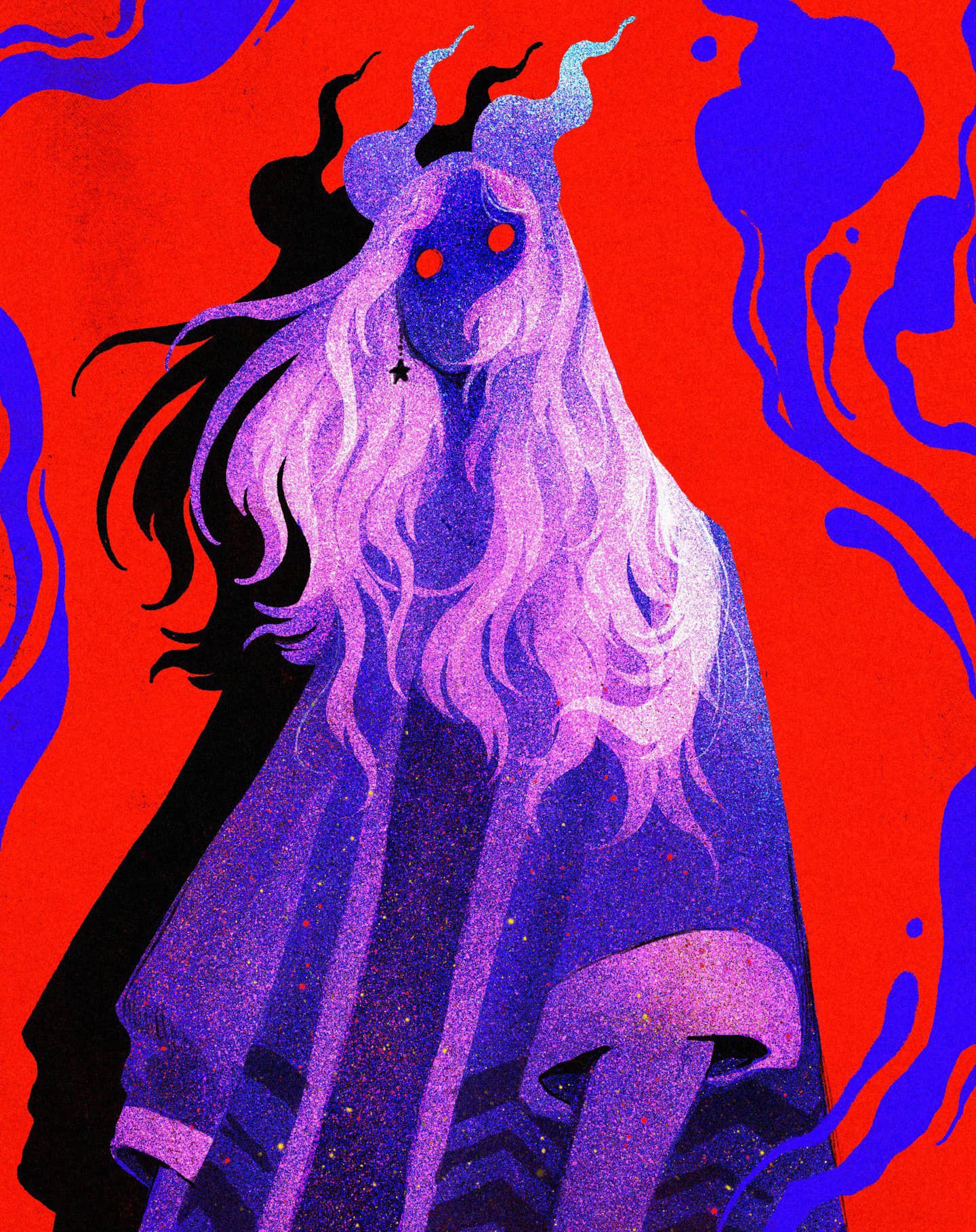 this digital illustration depicts a fantastical creature. the creature is humanoid with a long, flowing mane of purple hair and horns. it has large, dark eyes and a mysterious expression. the creature is dressed in a purple robe with a glittery texture and appears to be standing against a red background.  the background is filled with abstract swirling patterns and shadowy shapes, adding to the fantastical atmosphere.  the art style is digitally created and features a unique blend of textures and colors, creating a sense of mystery and depth.