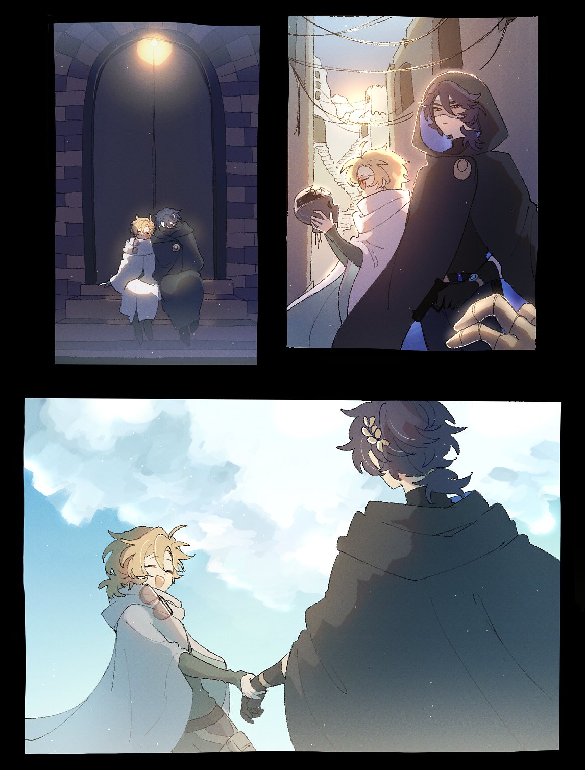 he image is a fourpanel digital illustration, possibly fanart, depicting a romantic relationship between two male animestyle characters.  the art style is soft and slightly muted in color.panel 1 shows the two characters, one with blond hair and the other with dark hair, sitting closely together on steps in a dark, shadowy alleyway at night.panel 2 shows the same two characters, the blond one appearing to carry something, walking through a bright, sunlit, ancientlooking city street. the darkhaired character is dressed in more ornate clothing.panel 3 and 4 show a continuation of the story. panels 3 and 4 show the two characters, their appearances slightly altered, walking together handinhand in a bright, open landscape under a clear sky, suggesting a feeling of freedom and hope.  the characters appear younger and more carefree than in the first two panels. the overall narrative suggests a journey and a developing romantic relationship.