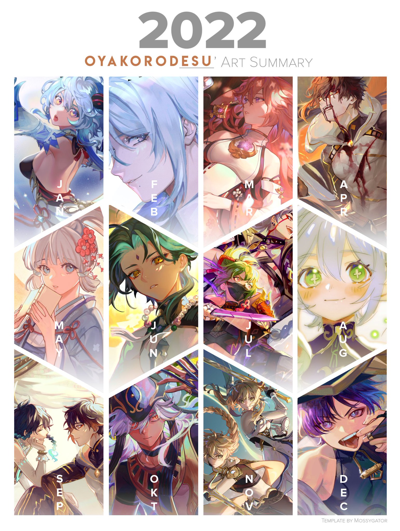this is a 2022 calendar art summary of the "oyakorodesu" fan art.  the calendar is a honeycomb shape, with each month containing a different illustration of characters from the show. there is a light background and a colorful illustration of characters for each month.