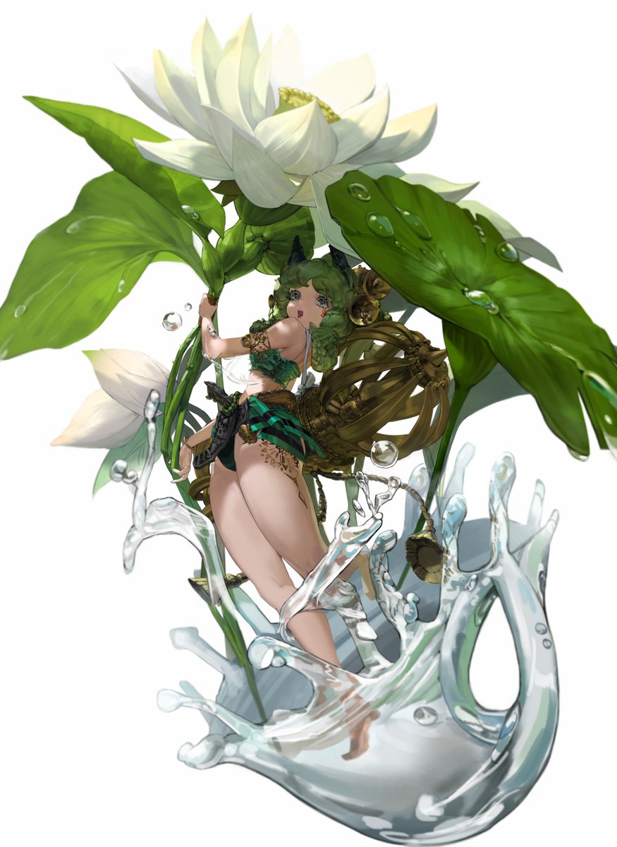 he image showcases a digital painting of a whimsical animestyle female character. she possesses vibrant green hair, and her attire consists of a green and black bikinilike outfit adorned with intricate detailing that suggests natureinspired elements. the character is elegantly posed, seemingly emerging from or interacting with a large, white lotus flower and a clear, dynamic splash of water. the overall aesthetic is ethereal, blending fantasy and nature seamlessly, giving the impression of a mythical creature or spirit connected to water and plant life. the color palette is predominantly cool and green, with the white lotus providing a stark contrast. the background is plain white, allowing the character and her environment to stand out. the style is highly detailed, with careful rendering of both the character and her surrounding elements.