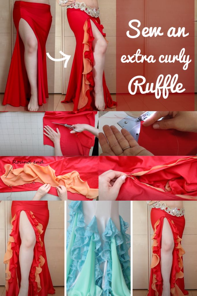 the image shows a tutorial on how to sew an extra curly ruffle, specifically for a dress or skirt. it includes various steps such as cutting fabric, sewing with a sewing machine, creating the ruffle effect, and examples of completed garments with ruffles.
