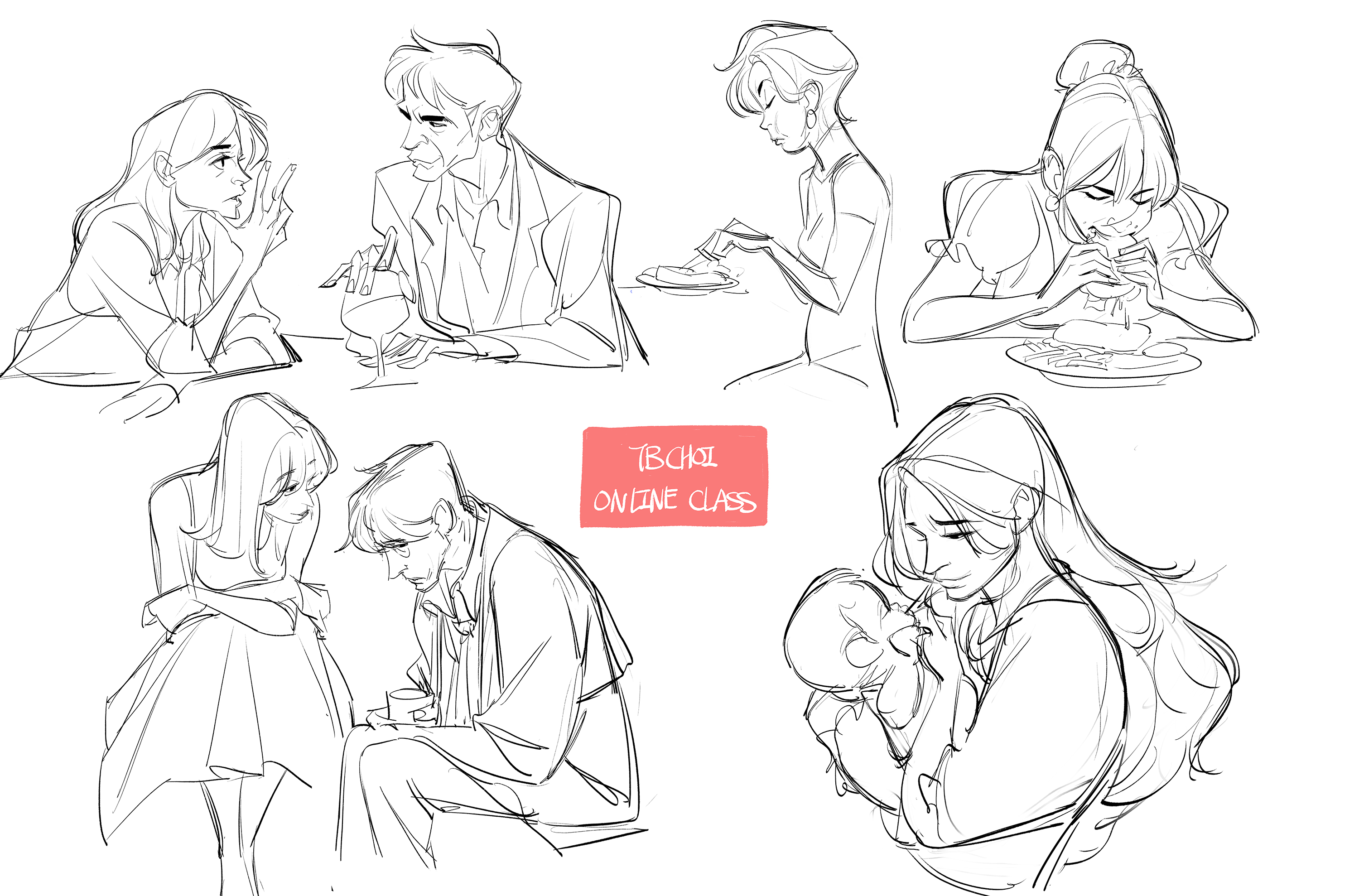 the image contains six separate sketches of people in various poses and situations.  the style is loose and expressive, characteristic of gesture drawing.  the sketches depict:1. a man and a woman sitting at a table, seemingly in conversation; the woman appears pensive.2. a woman eating at a table.3. a woman eating a meal.4. a man and woman sitting close together, possibly comforting each other or sharing a moment.5. a woman holding and comforting a baby.6.  a woman seated, looking sad and reflective.a small rectangular box in the center reads "tbchoi online class," indicating the image is likely promotional material for an online art course. the overall style is dynamic and emotive, focusing on capturing movement and emotion rather than precise anatomical detail.