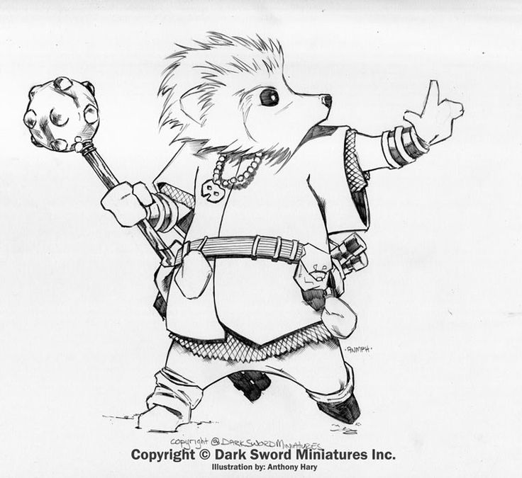 the image is a black and white illustration of an anthropomorphic hedgehog character. it is a fantasystyle drawing, likely for a tabletop game or similar purpose. the hedgehog is dressed in fantasy attire with a tunic, belt, and pouches. it is holding a mace in one hand and pointing with the other. the illustration is labeled with copyright information for dark sword miniatures inc. and the artist anthony hary.