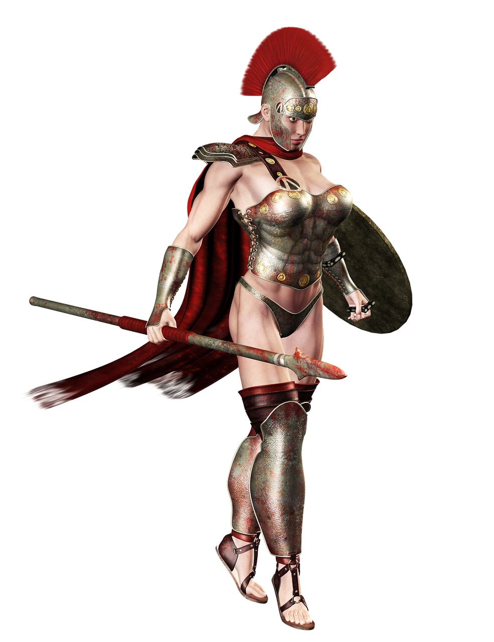 a 3d rendering depicts a female warrior in full armor against a stark black background. she wears a metal helmet with a vibrant red crest and a breastplate detailed with metallic embellishments. a red cloak drapes over her shoulders. the warrior holds a spear in her left hand and a shield in her right, suggesting a battleready stance. her lower legs are encased in metal greaves, and she wears opentoed sandals. the character exudes a sense of strength and readiness for combat.