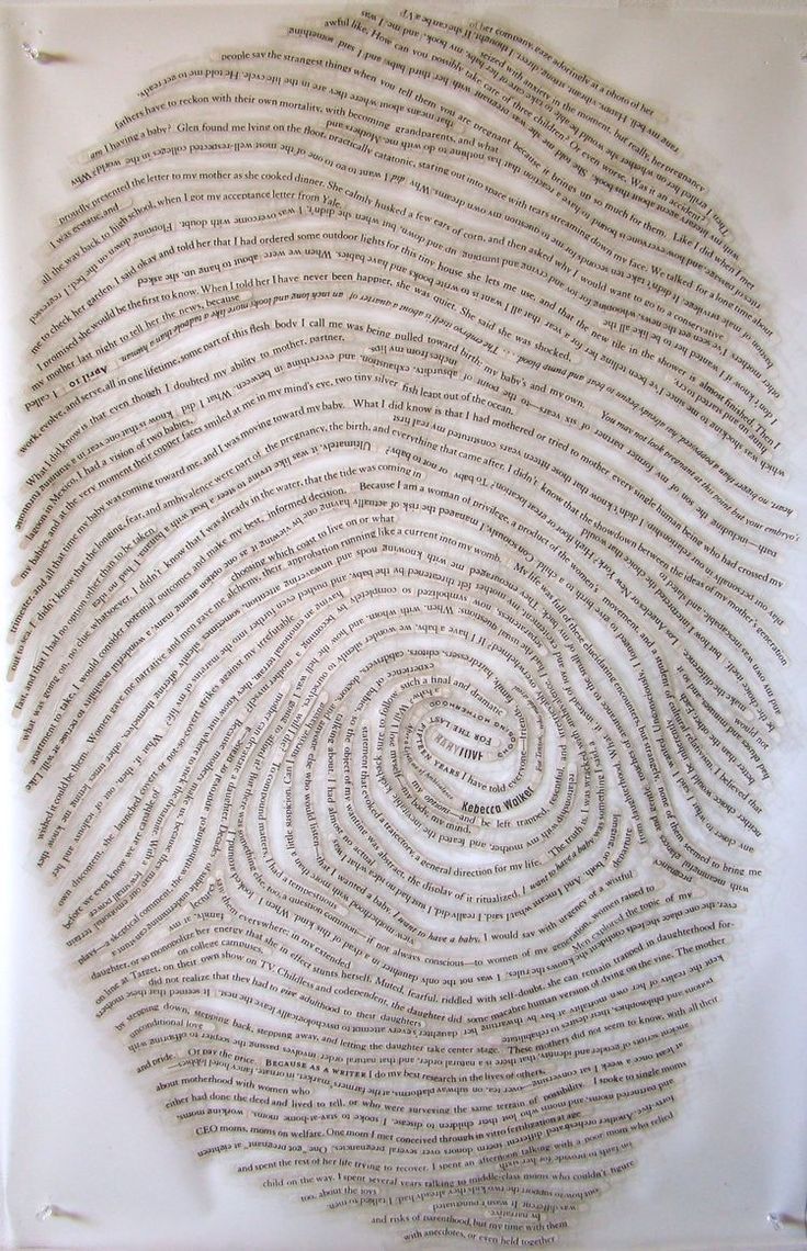 the image is a closeup of an art piece that resembles a fingerprint. the fingerprint pattern is created entirely out of text, formed in winding lines and spirals. the text appears to be snippets from a narrative, possibly related to motherhood and birth, and the name "rebecca walker" is visible. the overall artwork is made from paper, creating a delicate and detailed representation of a fingerprint using written words.