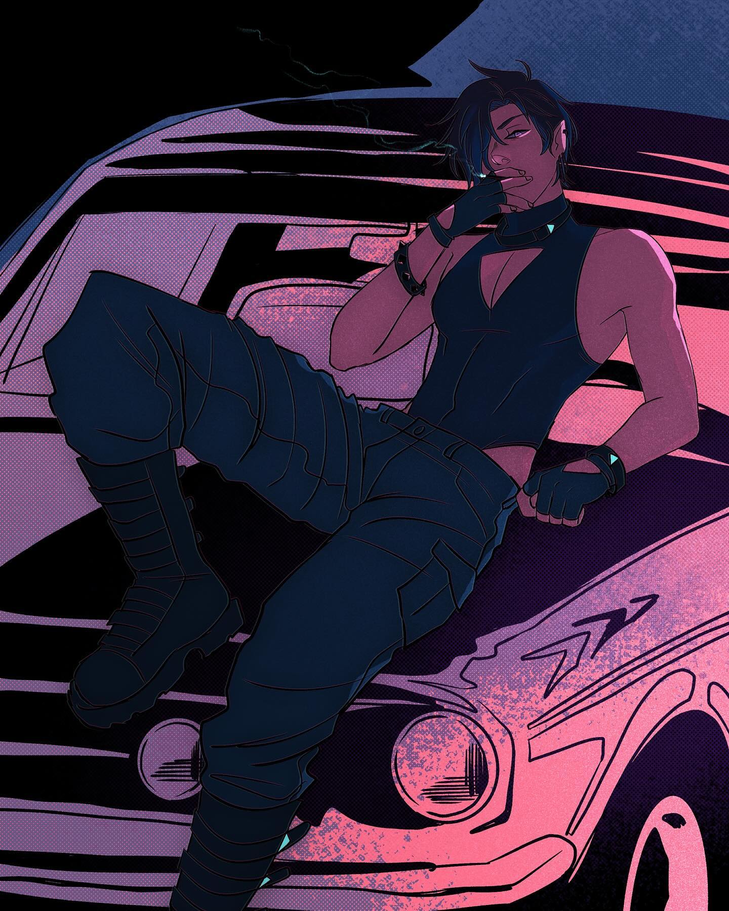 a cool and edgy character in cyberpunkinspired clothing is sitting on the hood of a car at night. they are smoking a cigarette and the scene is lit by neon lights, creating a futuristic and stylish atmosphere. the image is composed from a low angle perspective.