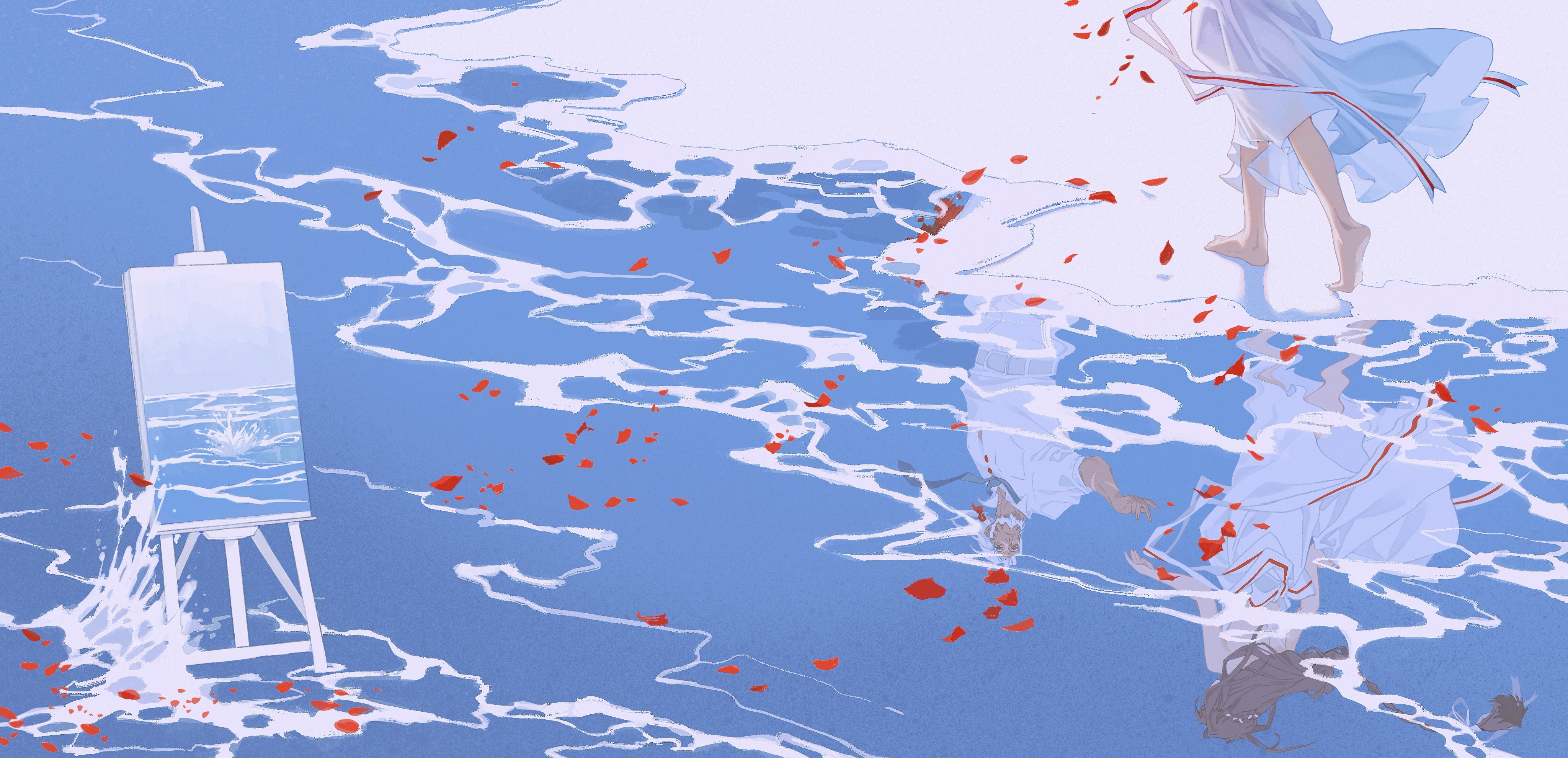an illustration of a woman walking on the water, her white dress flowing behind her, with red petals falling all around her. the image is done in an abstract style and is very beautiful and serene. the woman is reflected in the water below her, making it appear as if she is floating on the surface of the water. the background is a light blue color, giving the image a calming and dreamy feel.