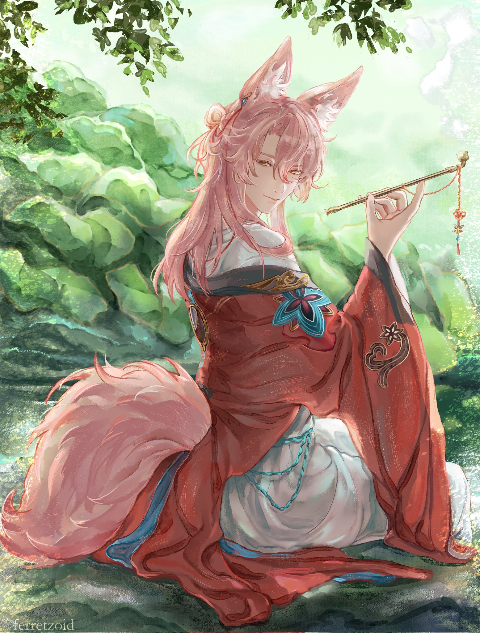 an anime character with long pink hair and a fox tail is sitting on a rock by a stream in a forest. they are wearing a red robe with white pants and blue jewelry. the character is relaxed and peaceful, and the setting is serene and beautiful.