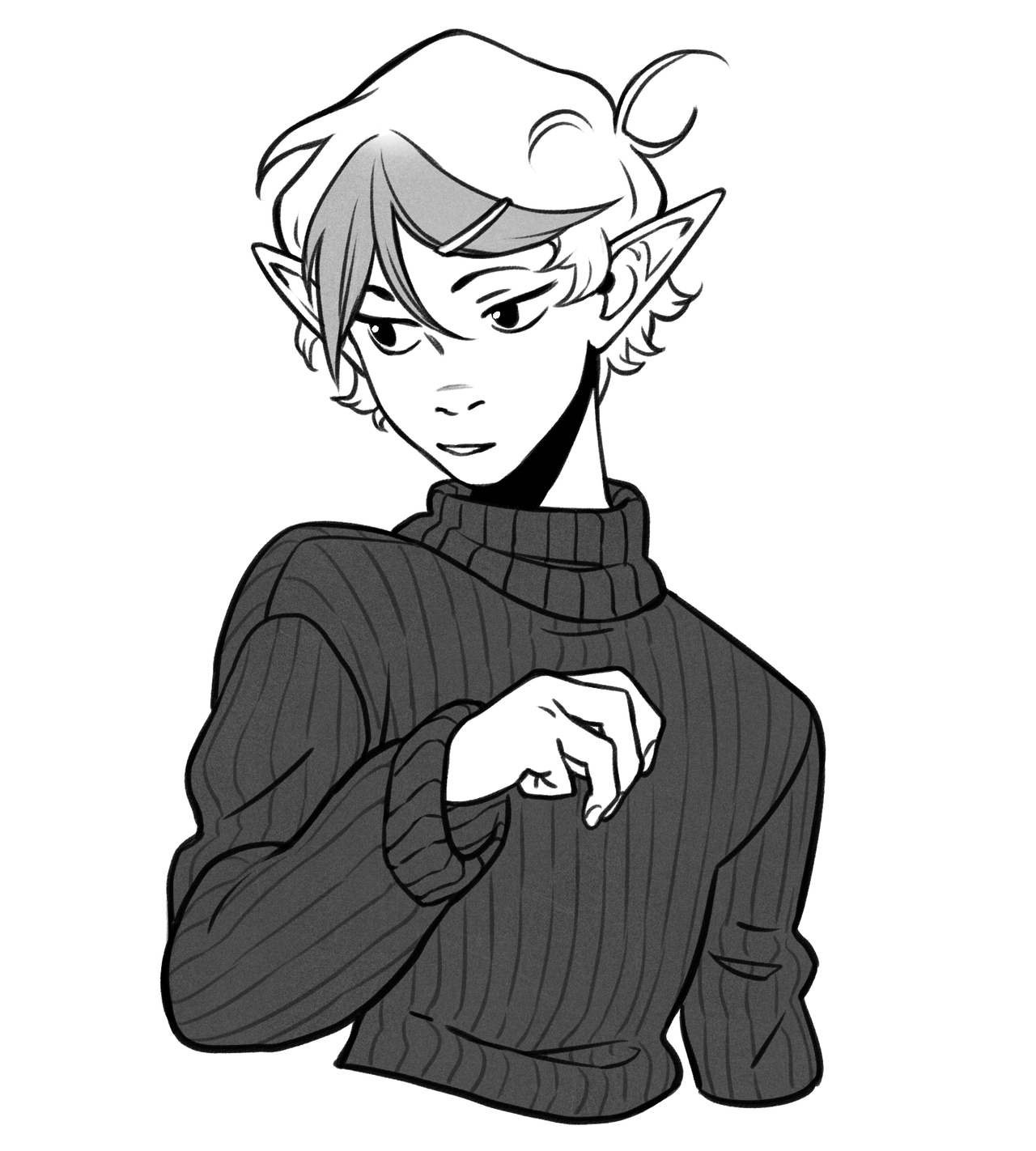 this is a black and white digital drawing of an elf with short hair, wearing a turtleneck sweater, looking to the left.