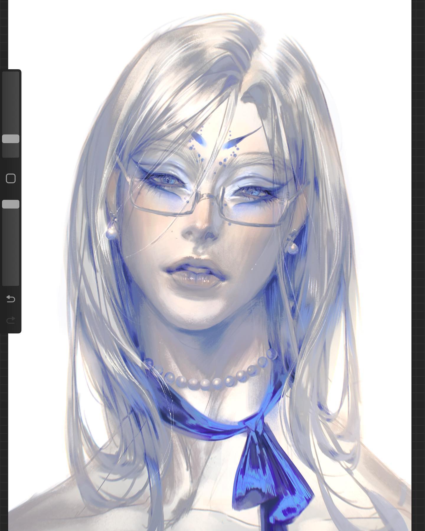 he image is a digital portrait illustration of a woman. the woman is depicted from the shoulders up, with her head and gaze facing forward. she has very pale skin, long white hair, and is wearing a pair of glasses. a blue scarf is tied loosely around her neck. the overall aesthetic of the image is soft and ethereal, with a limited color palette dominated by cool tones.