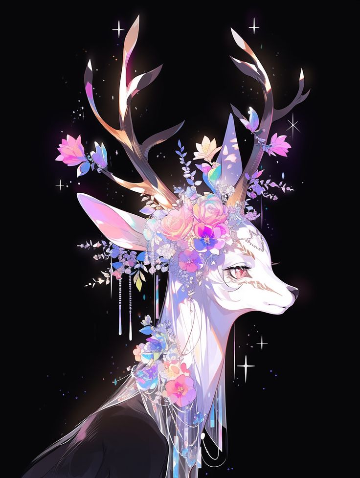 a digital illustration of a white deer with large antlers adorned with pastelcolored flowers and iridescent accents. the deer has a graceful and elegant appearance against a stark black background, with small glowing stars scattered around it. the overall impression is one of fantasy, magic, and ethereal beauty.