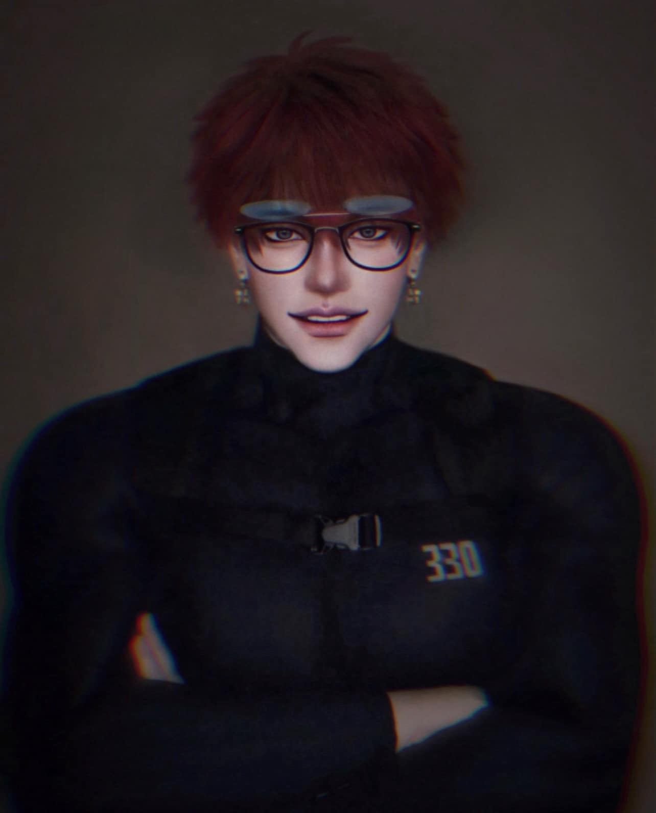 a digital illustration of a young man with red hair and glasses. he is wearing a black turtleneck sweater and jacket. his arms are crossed over his chest and his expression is serious and neutral. the background is dark and the lighting is shadowed, giving it a grunge aesthetic. the man's appearance and the overall tone of the image suggests he is a character from an anime.