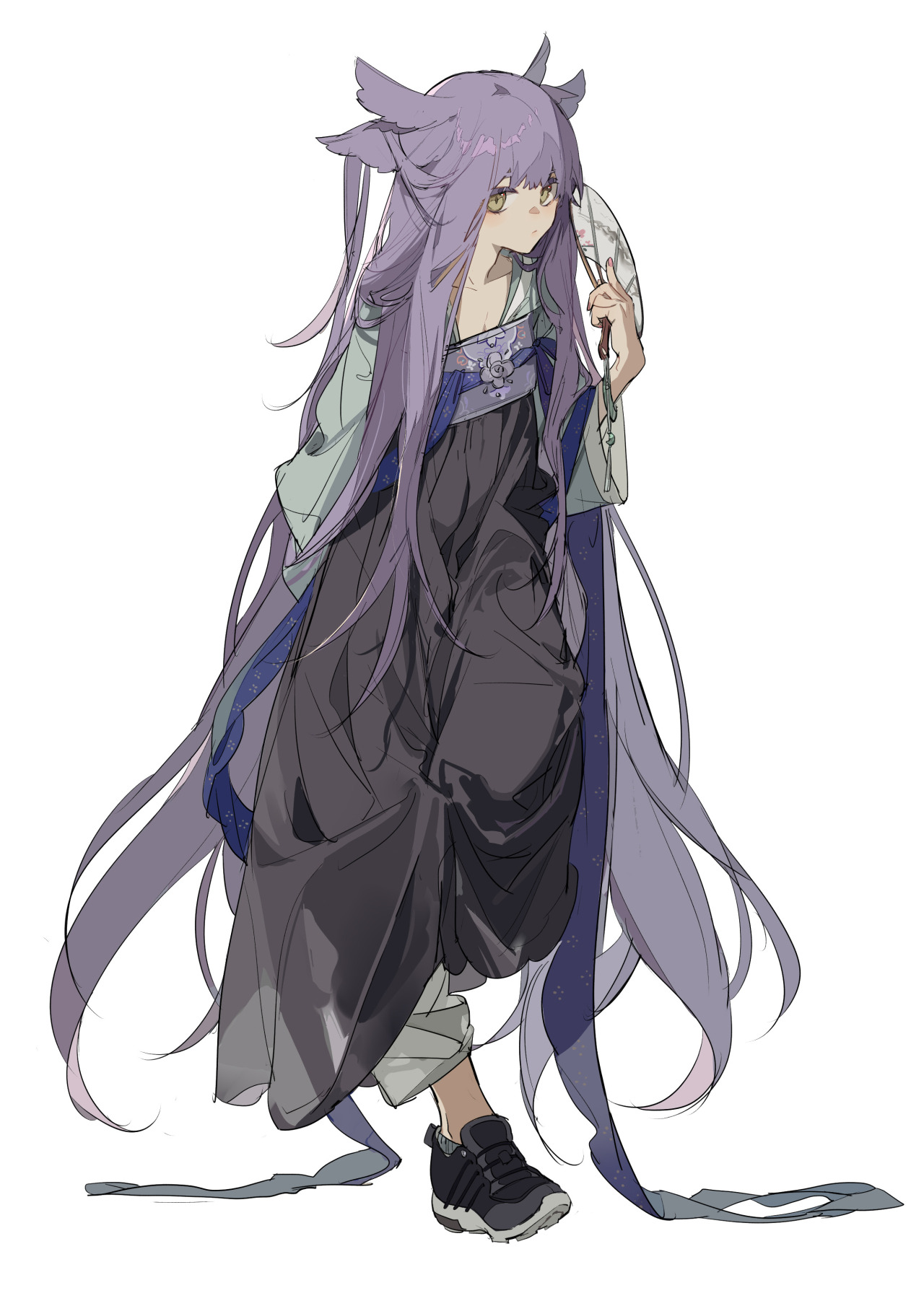 an anime girl with purple hair and cat ears is wearing a traditional hanfu dress, but with modern sneakers. she is holding a fan.