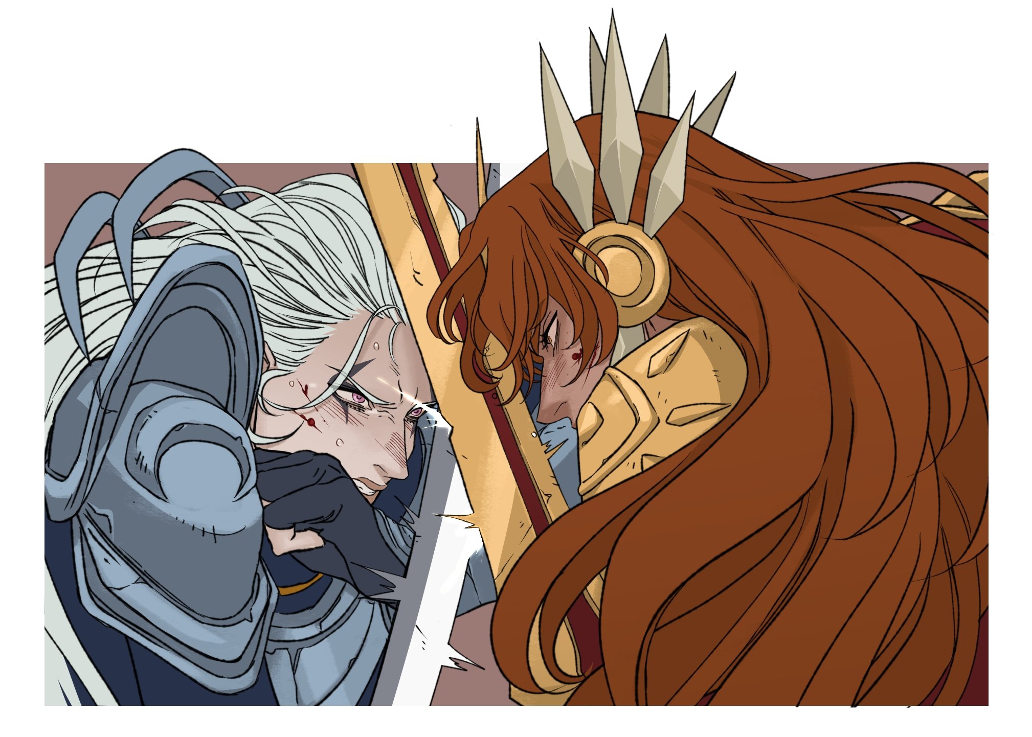 two female warriors face each other in a close duel. the warrior on the left has white hair and is wearing blue armor, while the warrior on the right has long brown hair and is wearing gold armor. both appear injured and angered as their blades meet in the center.