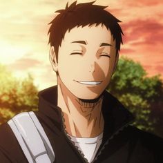 a closeup portrait of a smiling anime man with brown hair against a warm, sunset background. he appears content and happy, bathed in the golden light of the setting sun.  the background is slightly out of focus, emphasizing the man's facial expression.