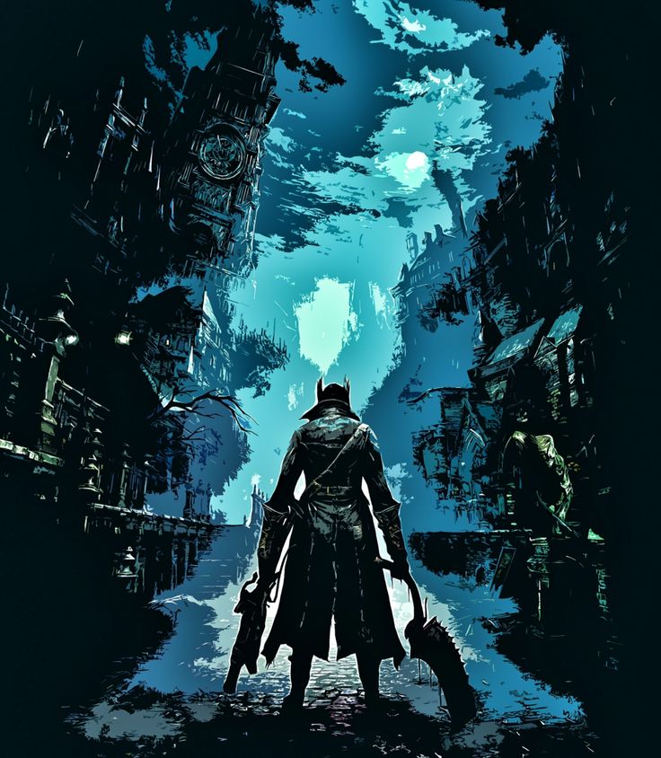 the image is a stylized digital painting or illustration that evokes the atmosphere of the video game bloodborne.  it depicts a lone hunter, silhouetted against a dark, gothic cityscape bathed in a cool, bluish moonlight. the hunter, clad in their signature attire, stands in a narrow street, carrying their iconic weapon, the saw cleaver. the city's architecture is detailed and evocative, with tall buildings and a clock tower visible in the background, creating a sense of oppressive grandeur and mystery. the overall style is dark, dramatic, and suggestive of the game's themes of horror, exploration, and challenging combat. the color palette is predominantly dark blues and blacks, punctuated by subtle highlights from the moon.