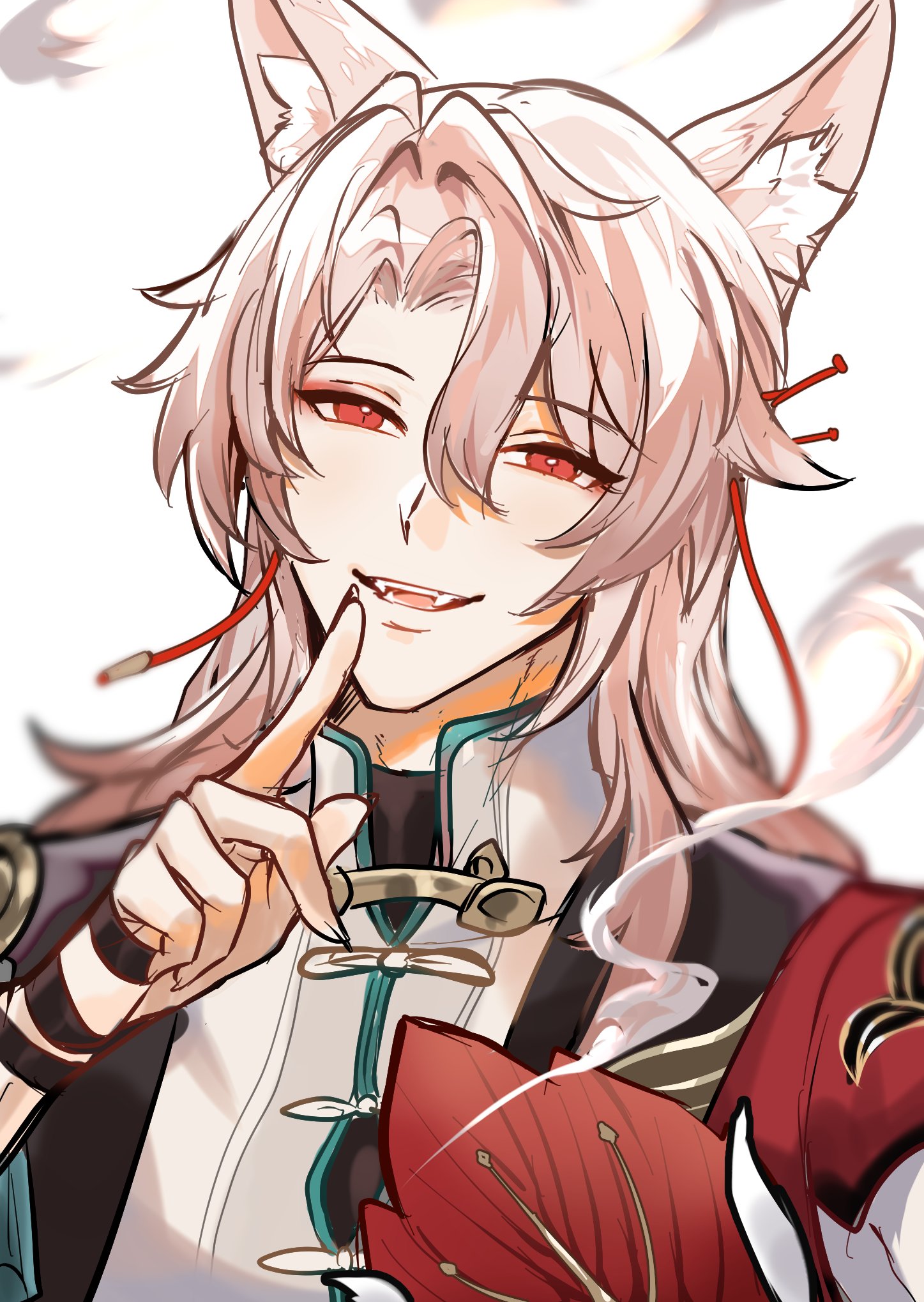 this is a digital painting of a young anime man with long pink hair, fox ears, and red eyes. he is wearing a red and white jacket with a green choker and is smiling slyly, his finger is on his lips. the background is a blurry mix of white and red. the artwork appears to be a digital illustration in the manga or anime style.