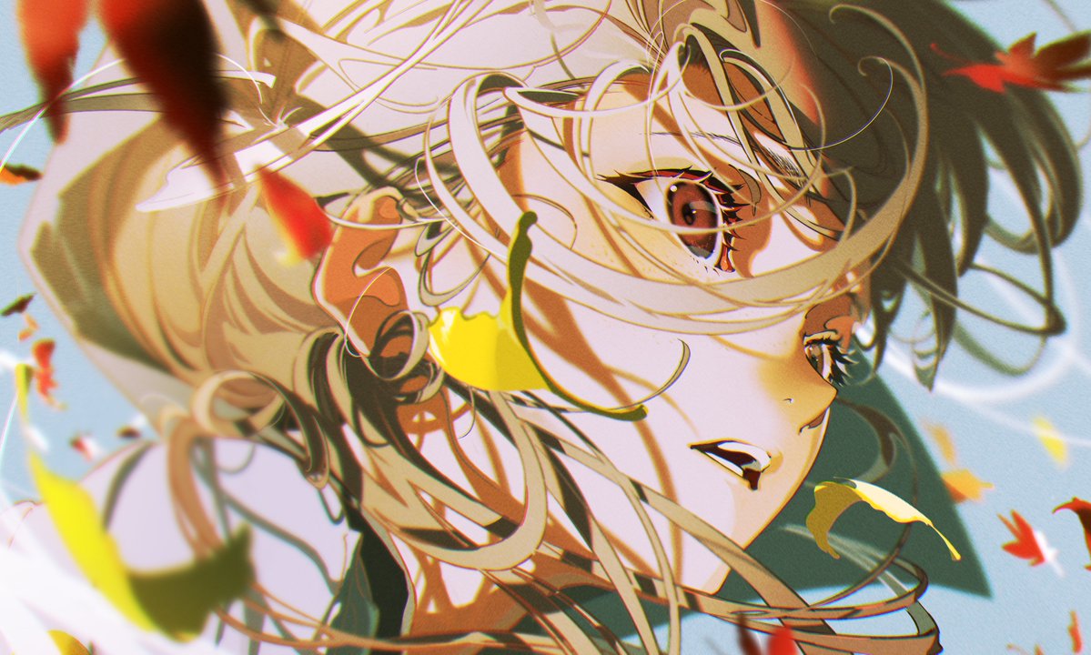 the image showcases a closeup portrait of an anime girl with long, flowing blonde hair, partially obscuring her face. her striking red eyes gaze towards the viewer, while her expression remains subtle. the wind whips through her hair, carrying with it a flurry of colorful autumn leaves in shades of red, yellow, and orange. the background is a soft, light blue, further emphasizing the vibrancy of the leaves and the girl's features. the overall style is detailed and expressive, capturing a sense of movement and the ephemeral beauty of autumn.