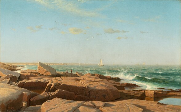 a landscape painting depicts a rocky coastline with an ocean view. the foreground is dominated by large, reddishbrown rocks. in the distance, there's a body of water with a few sailboats visible on the horizon. a small figure of a person can be seen standing on the rocks near the water's edge. the sky is light blue with some scattered clouds. waves crash against the rocky shore, creating white foam.